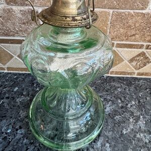Stunning Antique Green Uranium Glass GIANT Kerosene / Oil Lamp Petal Pattern